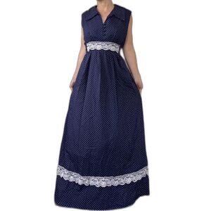 70s Maxi Dress Blue Polka Dot Vintage M L Long Sleeveless